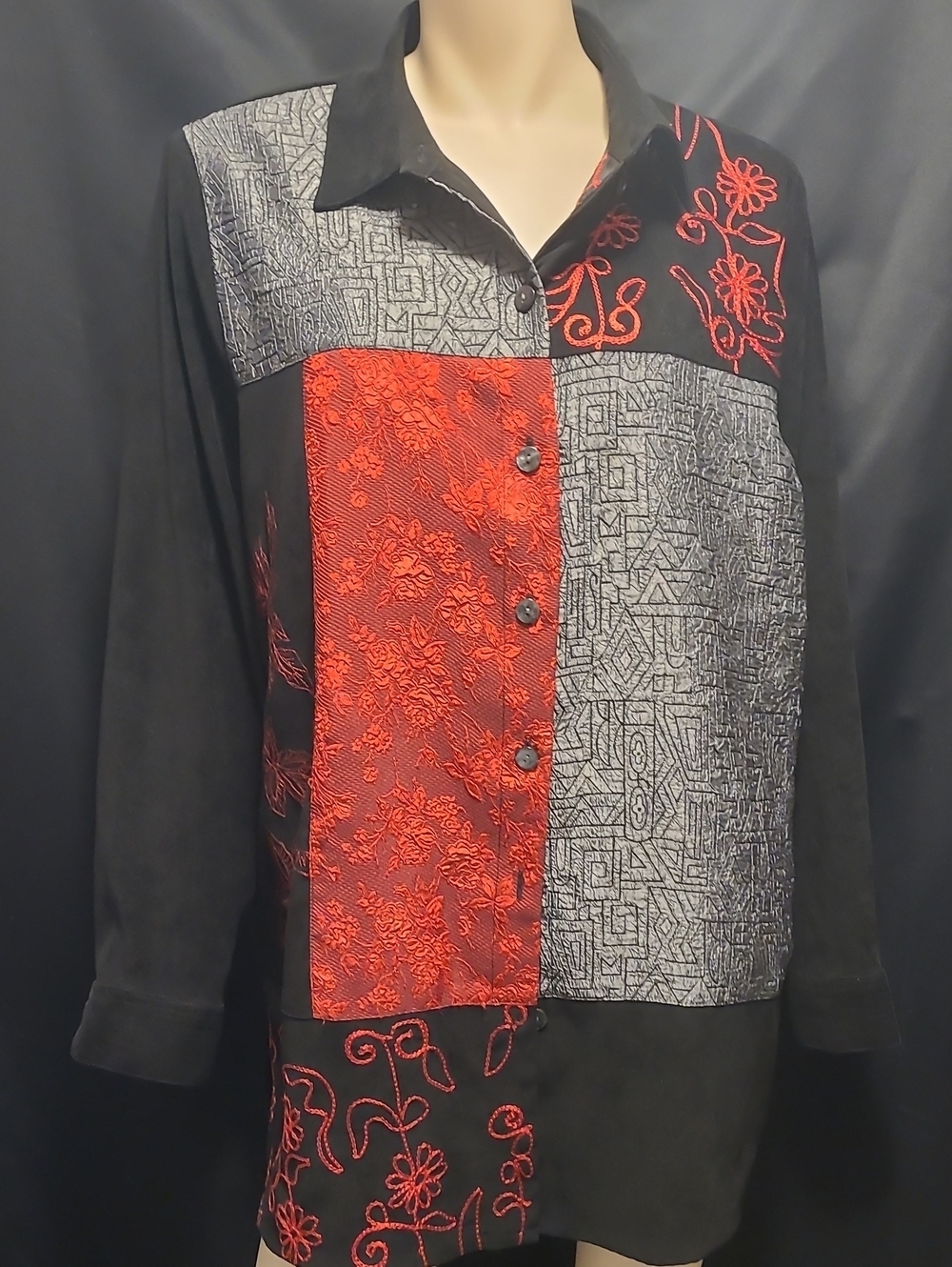 TanJay Black Red & Gray Patchwork Button-Front Jacket 22W